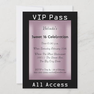 Invitation VIP pass Sweet 16 Anniversaire Fête Rose Noir