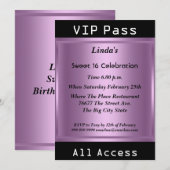 Invitation VIP pass Sweet 16 Anniversaire fête violet (Devant / Derrière)