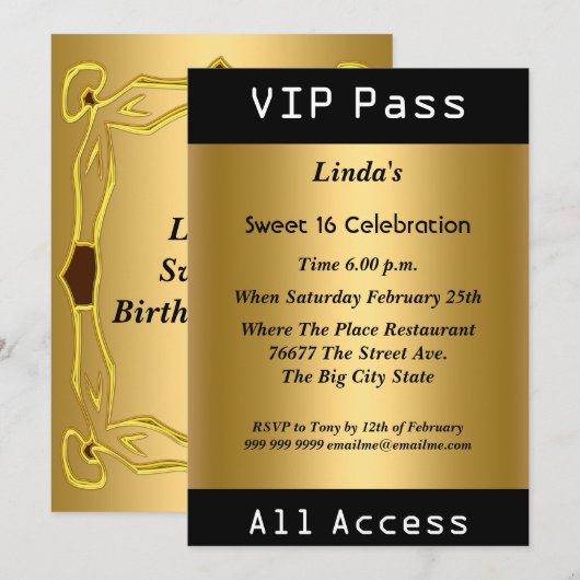 Invitation VIP pass Sweet 16 Anniversaire Party Gold (Devant / Derrière)
