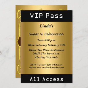 Invitation VIP pass Sweet 16 Anniversaire Party Gold