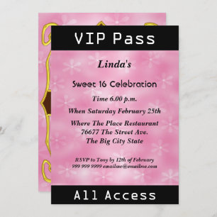 Invitation VIP pass Sweet 16 Anniversaire Pink