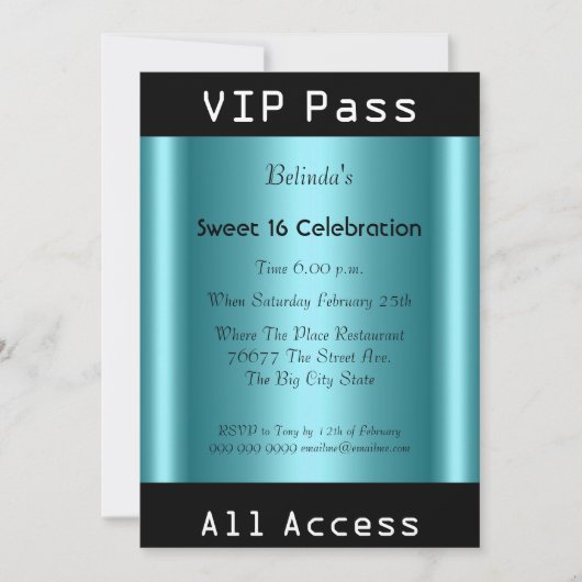 Invitation VIP pass Sweet 16 fête d'anniversaire Noir Turquoi (Devant)
