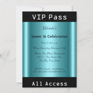 Invitation VIP pass Sweet 16 fête d'anniversaire Noir Turquoi
