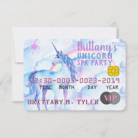 Invitation VIP Rainbow Unicorn Spa fête d'anniversaire (Devant)