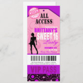 Invitation VIP Sweet 16 rose et violet Ticket Party (Devant / Derrière)