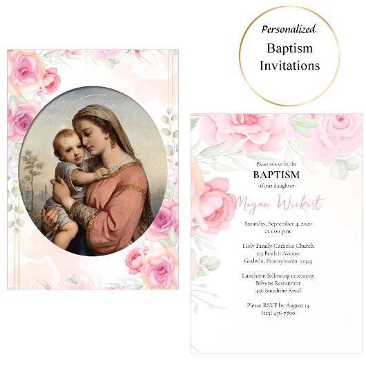 Invitation Virgin and Child Soft Pink Roses Catholic Baptism
