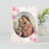 Invitation Virgin and Child Soft Pink Roses Catholic Baptism (Debout devant)