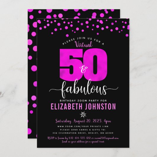 Invitation Virtual 50 et fabuleux points roses chauds anniver (Devant / Derrière)