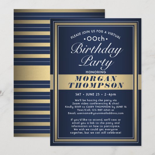 Invitation Virtual Any Anniversaire Marine Blue Gold & White (Devant / Derrière)