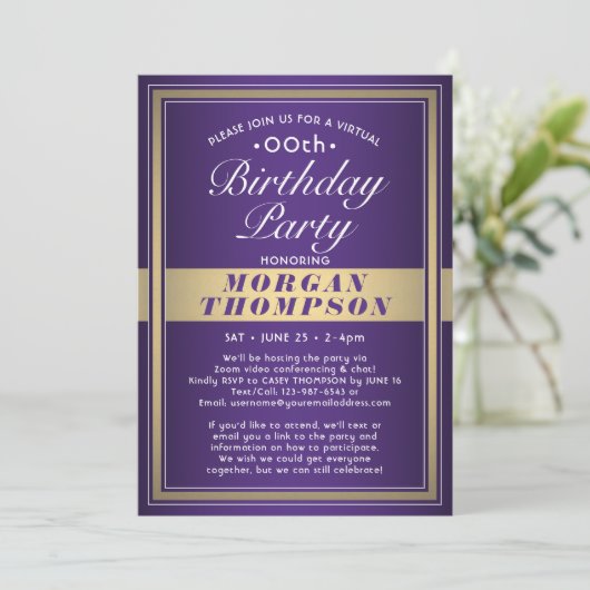 Invitation Virtual Any Anniversaire Purple Gold et White Part (Debout devant)