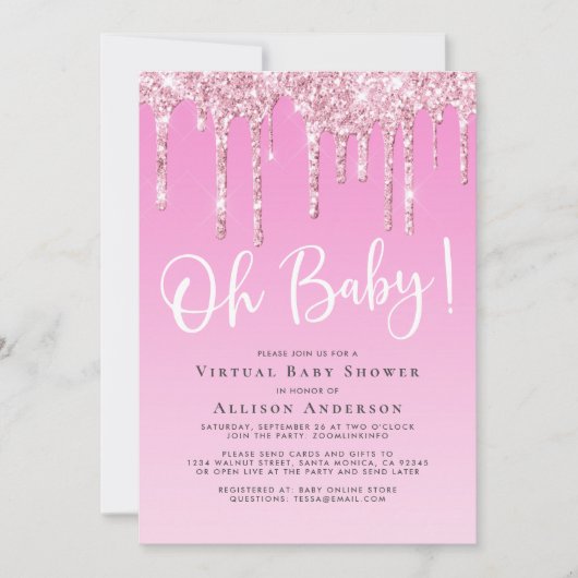 Invitation Virtual Baby Girl Douche Parties scintillant Drip  (Devant)