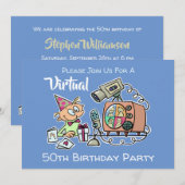 Invitation Virtual Birthday Party 50th Funny Cartoon Blue Men (Devant / Derrière)
