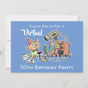 Invitation Virtual Birthday Party 50th Funny Cartoon Blue Men