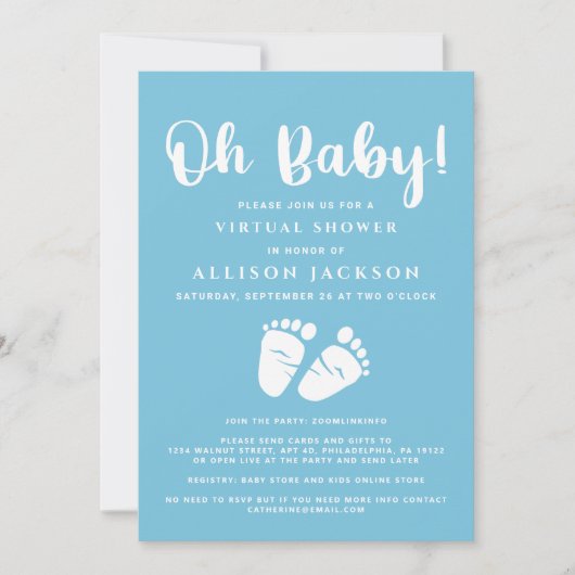 Invitation Virtual Oh Baby Boy Douche bébé Pieds Bleu Blanc (Devant)