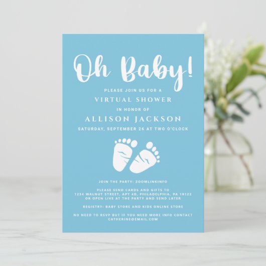 Invitation Virtual Oh Baby Boy Douche bébé Pieds Bleu Blanc (Debout devant)