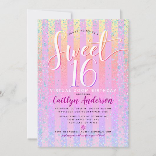 Invitation Virtual Rainbow Ombre Sweet 16 Birthday Girly Chic (Devant)