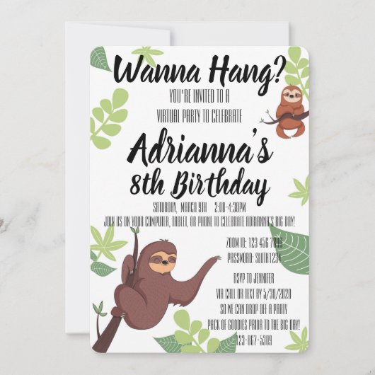 Invitation Virtual Sloth - Wanna Hang? Thème Anniversaire (Devant)