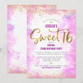 Invitation Virtual Sweet 16 Aquarelle rose Or Anniversaire (Devant / Derrière)