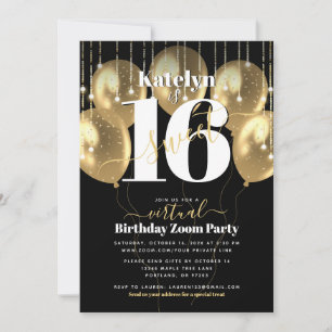 Invitation Virtual Sweet 16 Balloons dorés Glam Girly