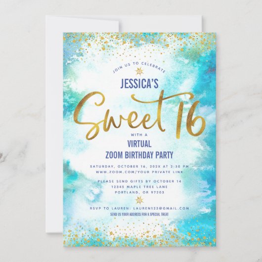 Invitation Virtual Sweet 16 Blue Watercolor Gold Anniversaire (Devant)