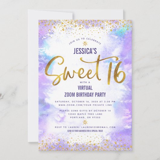Invitation Virtual Sweet 16 Purple Aquarelle Or Anniversaire (Devant)