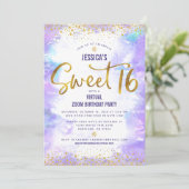 Invitation Virtual Sweet 16 Purple Aquarelle Or Anniversaire (Debout devant)