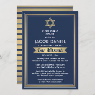 Invitation Virtual Zoom Bar Mitzvah Marine Bleu blanc et or