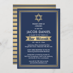 Invitation Virtual Zoom Bar Mitzvah Marine Bleu blanc et or