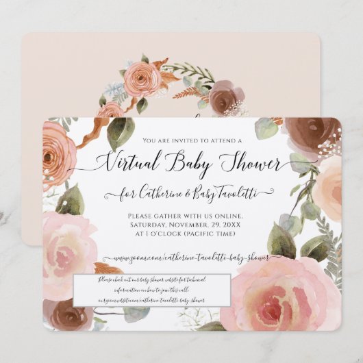 Invitation Virtuel Blush rose Floral Wreath Baby Girl Douche (Devant / Derrière)