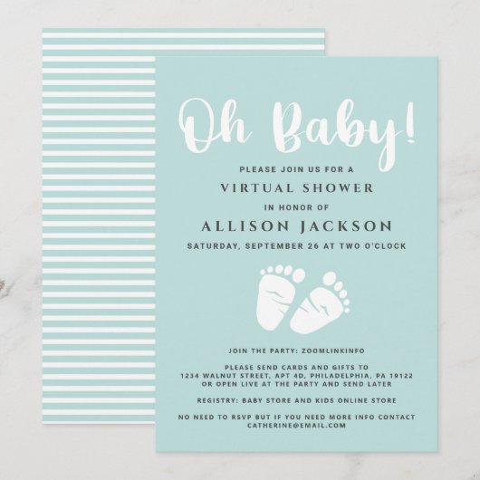 Invitation Virtuel Oh Baby shower Pieds Bébé Léger Mint Blanc (Devant / Derrière)