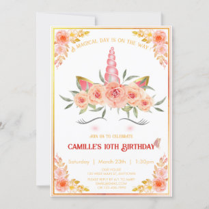Invitation visage de licorne moderne avec florals fille anniv