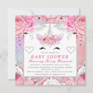 Invitation Visage de Licorne Rose Argent Baby Shower Carré