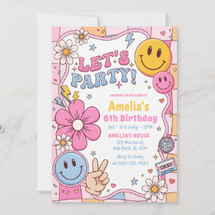 Invitation Visage Heureux Sourire Groovy À Damier Anniversair