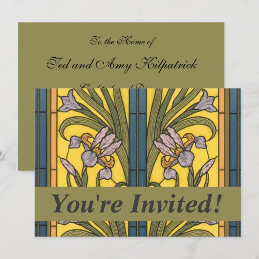 Invitation Vitrail Art Nouveau Fleur d'Iris Bleu Or (Devant / Derrière)
