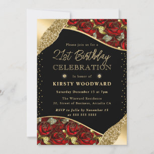 Invitation Vitraux Roses Rouges et Dorées 21e Anniversaire