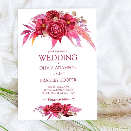 Invitation Viva magenta crimson fleurs bourgognes roses