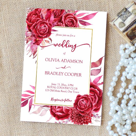 Invitation Viva magenta crimson fleurs bourgognes roses