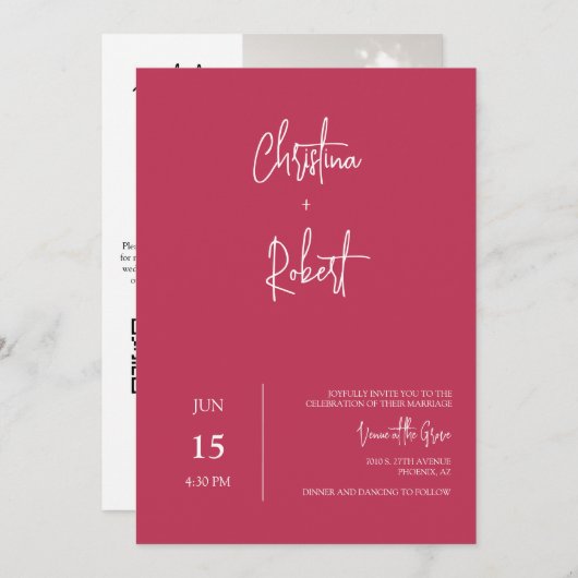 Invitation Viva Magenta Moderne Boho Mariage Photo QR Code (Devant / Derrière)