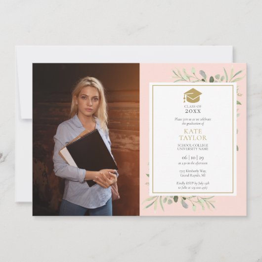 Invitation Vive Pink Greenery Gold Graduation Party Photo en (Devant)