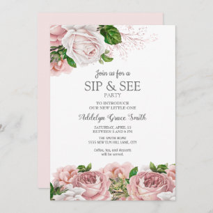 Invitation Vive rose Vintage Floral Baby Girl Sip Voir douche