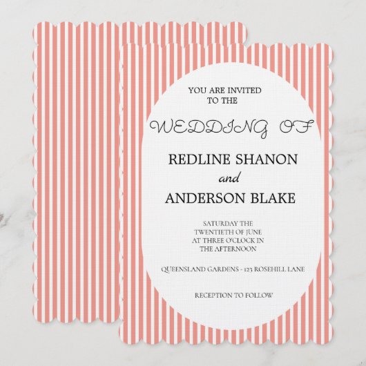 Invitation Vivid Tangerine Blush Striped Elegant Wedding (Devant / Derrière)