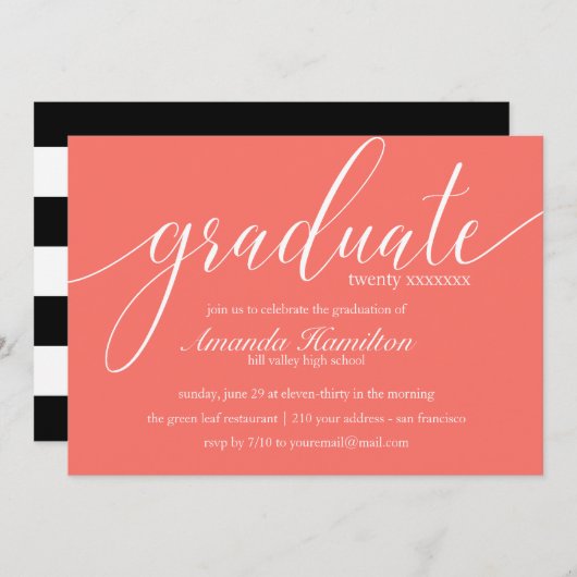 Invitation Vivre typographie du corail Graduation chaque anné (Devant / Derrière)