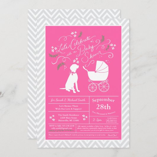 Invitation Vizsla Chien Baby shower fille rose (Devant / Derrière)