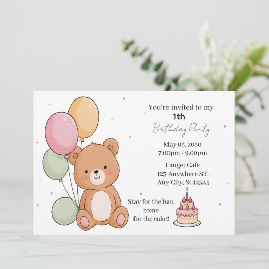 Invitation Vœux d'anniversaire de l'ours doux (Debout devant)