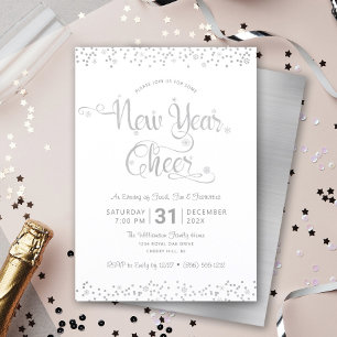 Invitation Vœux de Nouvel An Argenté Blanc Écriture Confettis