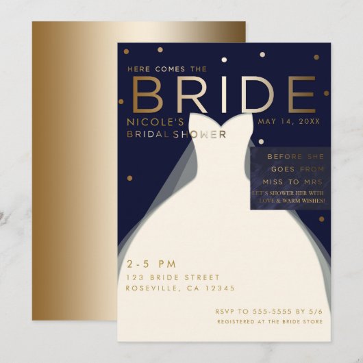 Invitation Voici BRIDE Navy Blue & Gold Fête des mariées (Devant / Derrière)