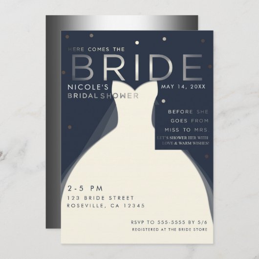 Invitation Voici BRIDE Silver & Blue Chic Fête des mariées (Devant / Derrière)