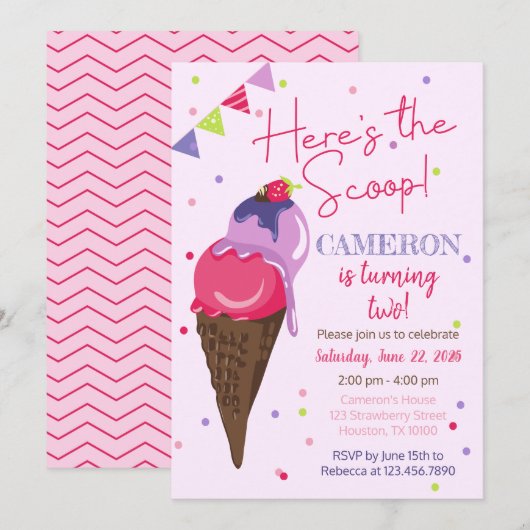 Invitation Voici la fête d'anniversaire de la crème glacée Sc (Devant / Derrière)