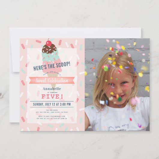Invitation Voici l'anniversaire de la crème glacée rose Scoop (Devant)