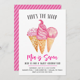 Invitation Voici l'anniversaire de la crème glacée rose Scoop